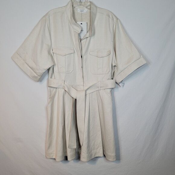 A.L.C. Bryn Belted A-Line Dress Size 14 Ecru Cotton Linen Twill Safari Cargo NWT - Picture 2 of 14